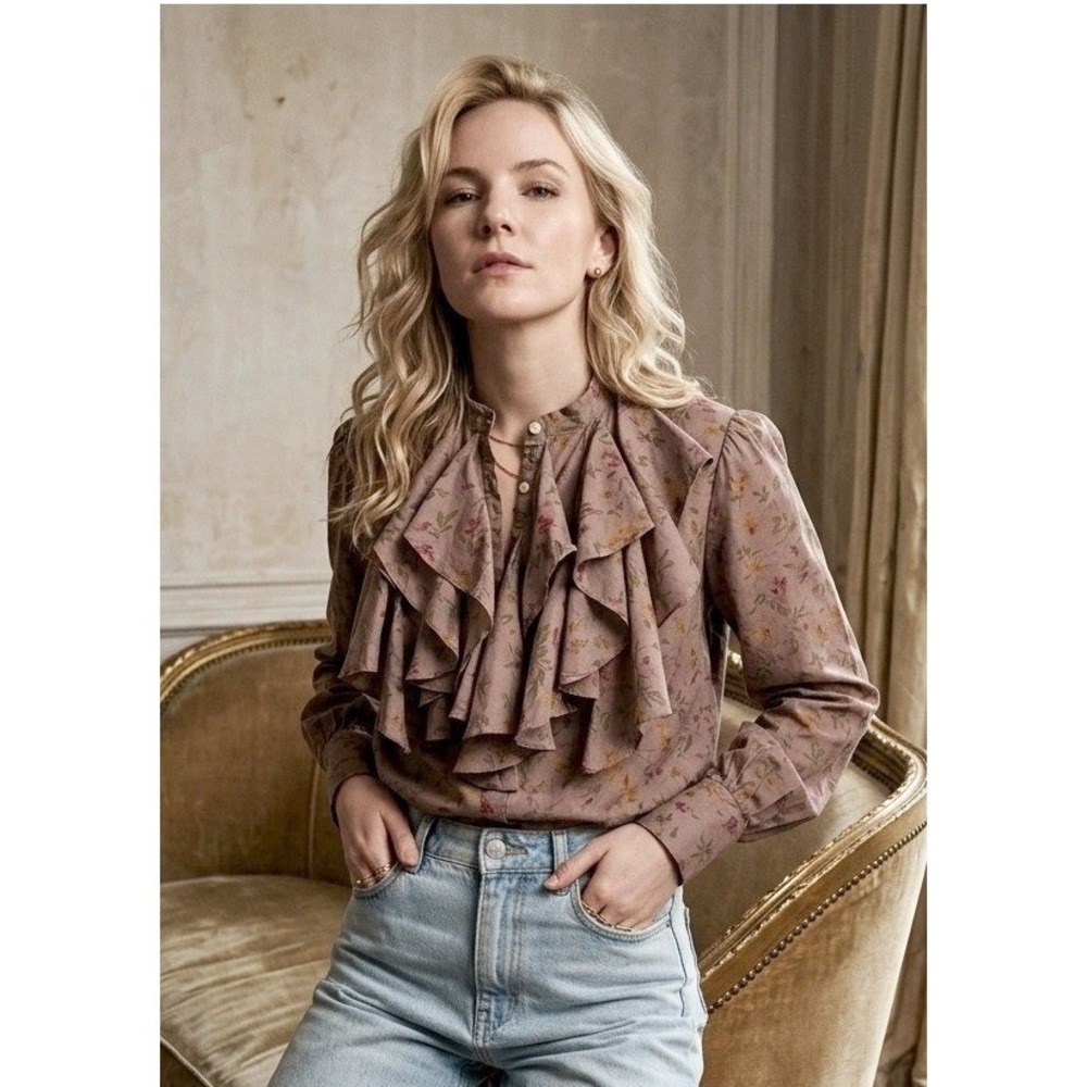 Lauren Ralph Lauren Blouse 14W Tan Floral Silk Ruffle Front Regency Victorian